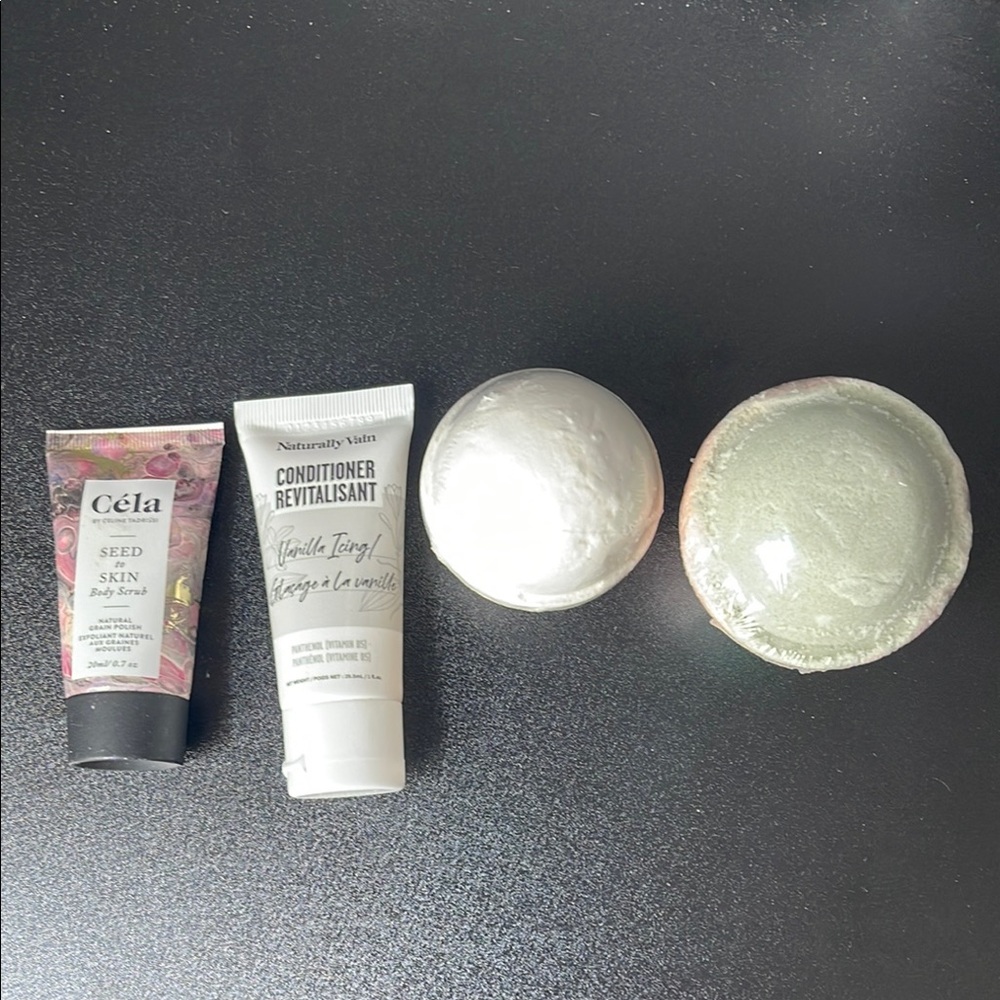 Céla SeedBody Scrub, Naturally Vain Vanilla Icing Conditioner & Bath/Feet Bombs